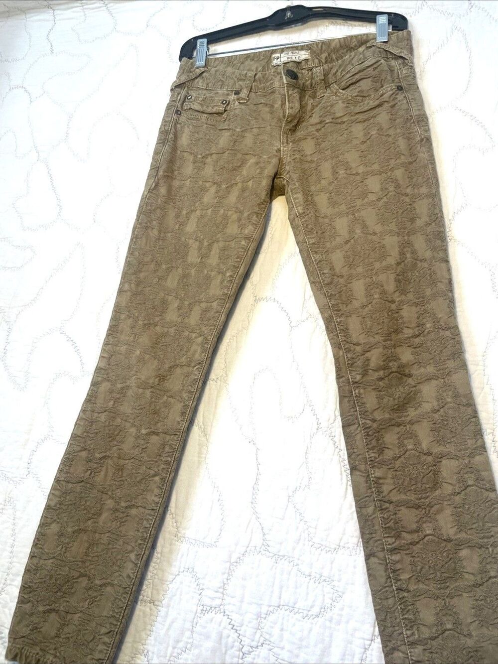 Free People Womens 25 Jeans Brown Skinny Low Rise Textured Floral Embroidered